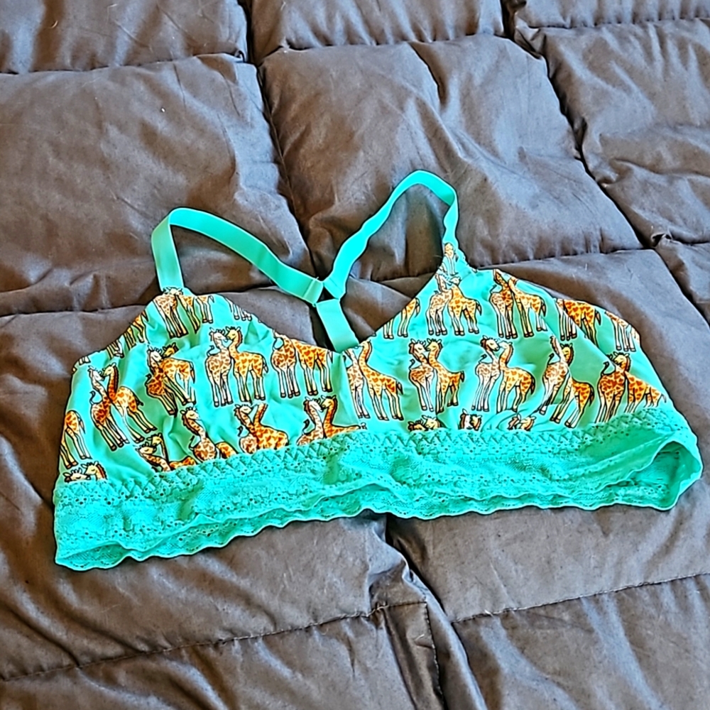 MeUndies FeelFree Lace Bralette Teal with Giraffes Size XL